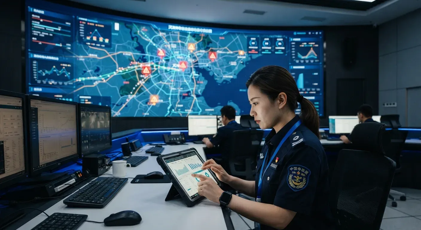 Sala di controllo digitale della quarantena animale a Tianjin: grande schermo a muro con mappa, rotte del bestiame e icone di allerta; in primo piano un ispettore veterinario analizza i dati su tablet.