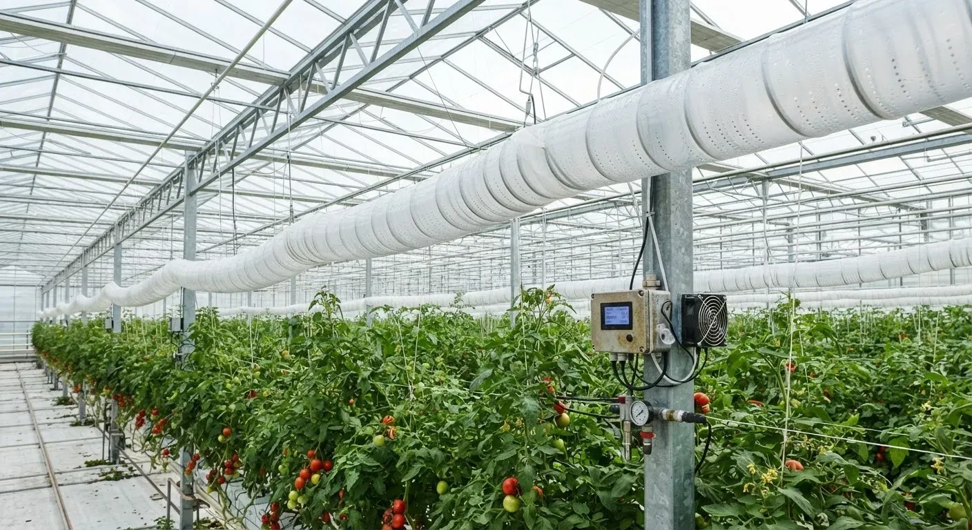 Tubi di distribuzione della CO₂ sospesi sopra una coltura di pomodori in una serra olandese hi-tech con sensori di monitoraggio.