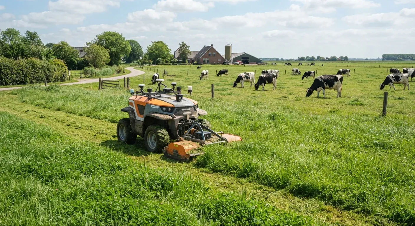Il robot agricolo autonomo Agxeed W4 in azione su un pascolo di un allevamento da latte olandese, con mucche sullo sfondo