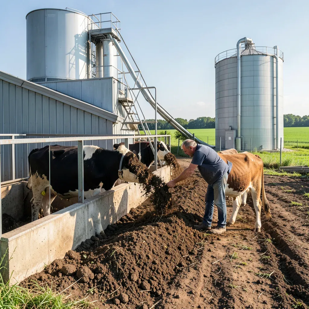 Impianto di digestione anaerobica in un allevamento europeo, con letame trasformato in fertilizzante bio-based e biogas, campi coltivati sullo sfondo.