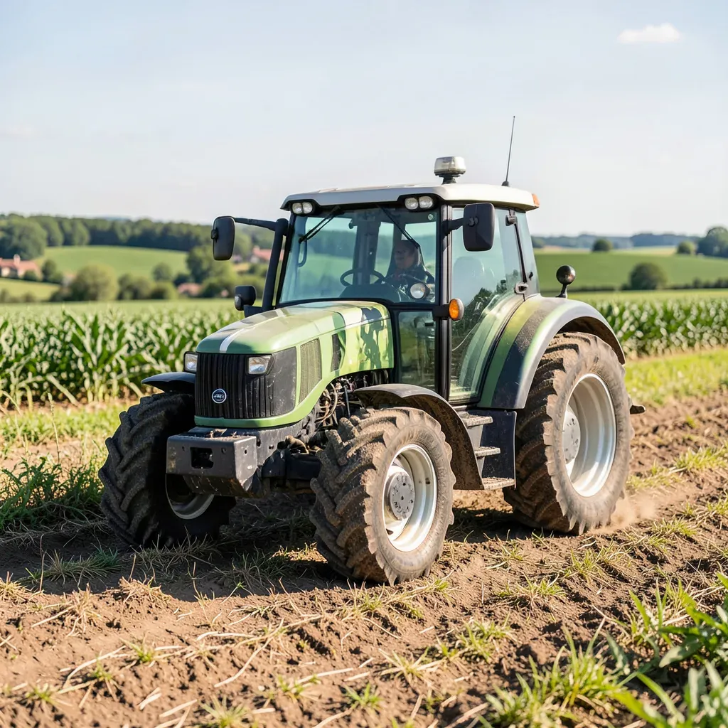 Trattore utility moderno al lavoro in campo con antenna GPS visibile sul tetto della cabina, luce naturale, stile fotografico editoriale.