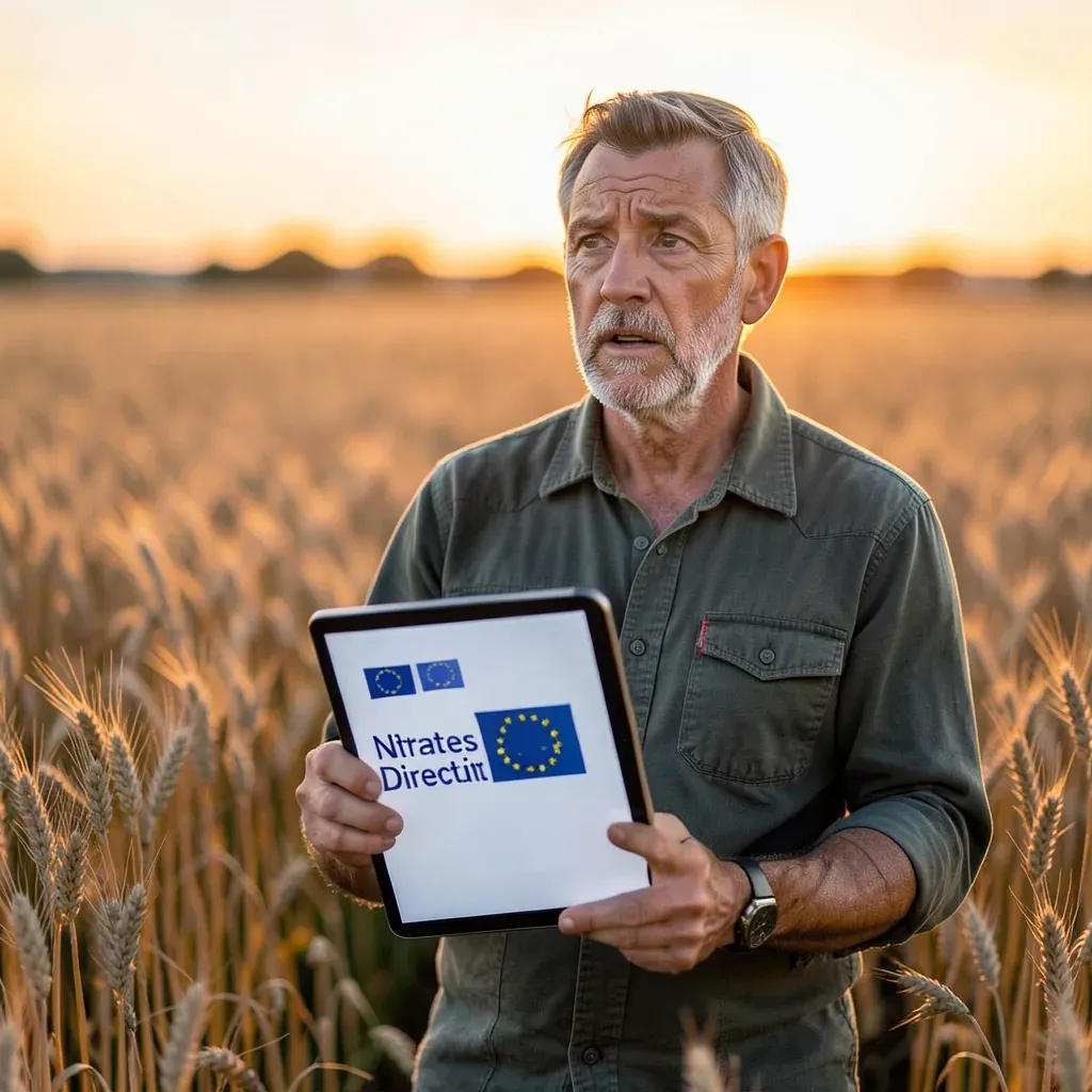 Agricoltore europeo in un campo di grano al tramonto, tiene un tablet con la scritta "Direttiva Nitrati" e stemma UE, espressione preoccupata.