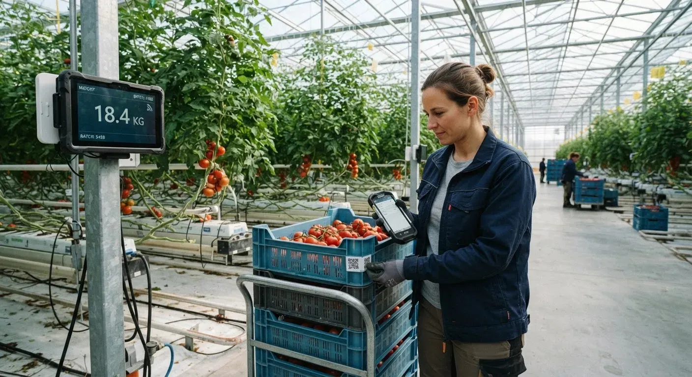 Operaio agricolo in serra che scansiona un codice QR su una cassetta di raccolta con un dispositivo mobile rugged, dati digitali del peso visibili su un display connesso al cloud.