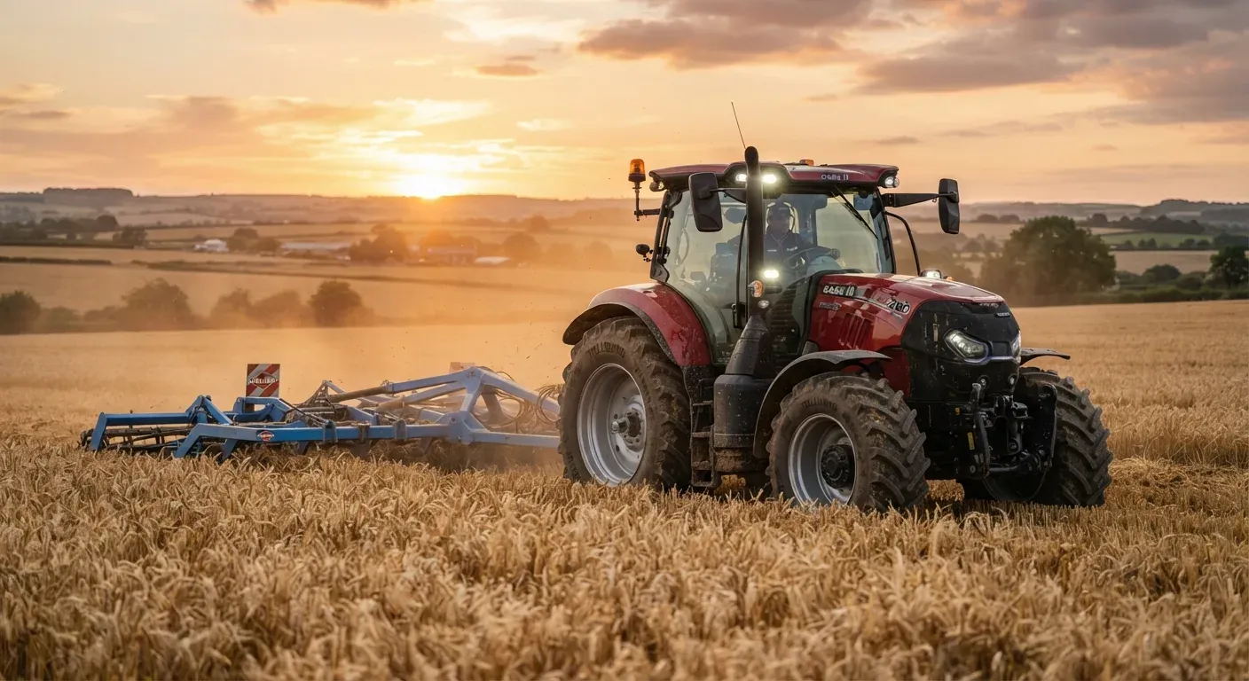 Trattore Case IH Puma di nuova generazione al lavoro in un campo di grano al tramonto, con illuminazione LED moderna e cabina dal design pulito.