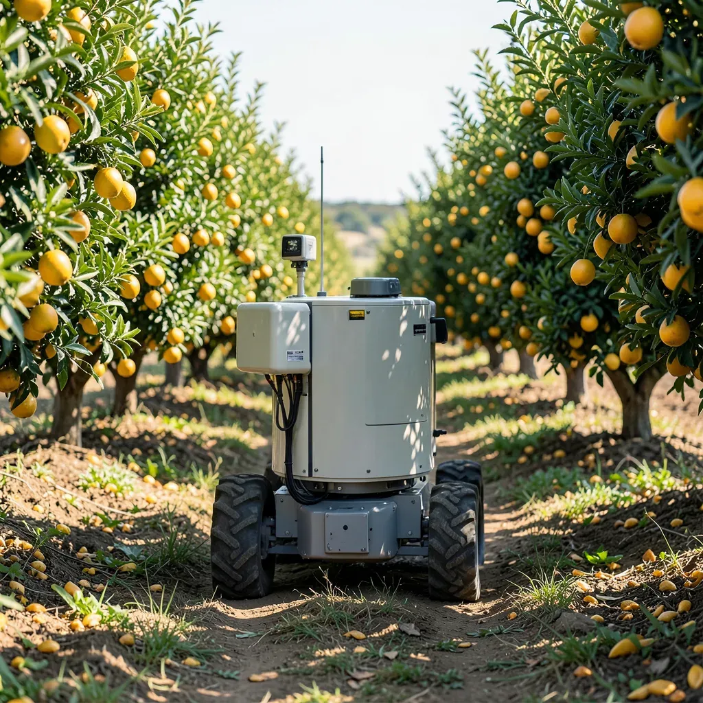 Un robot agricolo avanza tra filari di agrumi con sensori per la mappatura dell’umidità del suolo albero per albero.