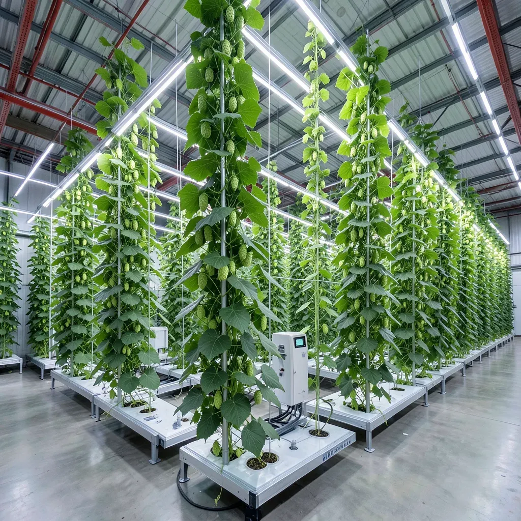 Impianto indoor verticale per la coltivazione del luppolo con piante rampicanti alte fino a 10 metri e illuminazione a LED in un ambiente controllato