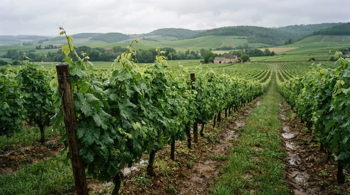 Vigneto in primavera dopo la pioggia, condizioni favorevoli alle infezioni