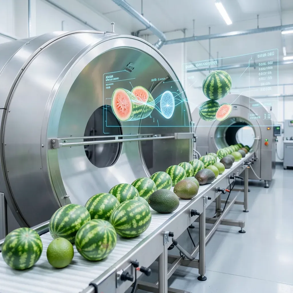 Tunnel di scansione a risonanza magnetica industriale per frutta e verdura, con interfaccia dati AI