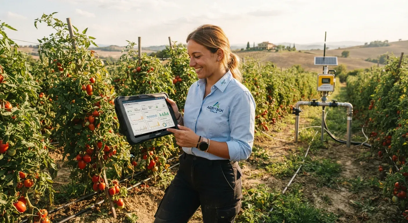 Tecnico agricolo in un campo di pomodoro da industria consulta un tablet per la gestione smart dell’irrigazione a goccia, con centraline automatizzate sullo sfondo.