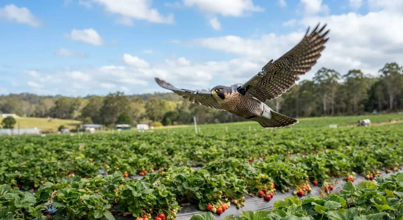 Fotografia editoriale realistica di un drone a forma di falco con ali battenti in volo su un campo di fragole nel Queensland, Australia; il drone imita un falco pellegrino con piumaggio dettagliato e corpo aerodinamico, cielo azzurro con nuvole leggere e 