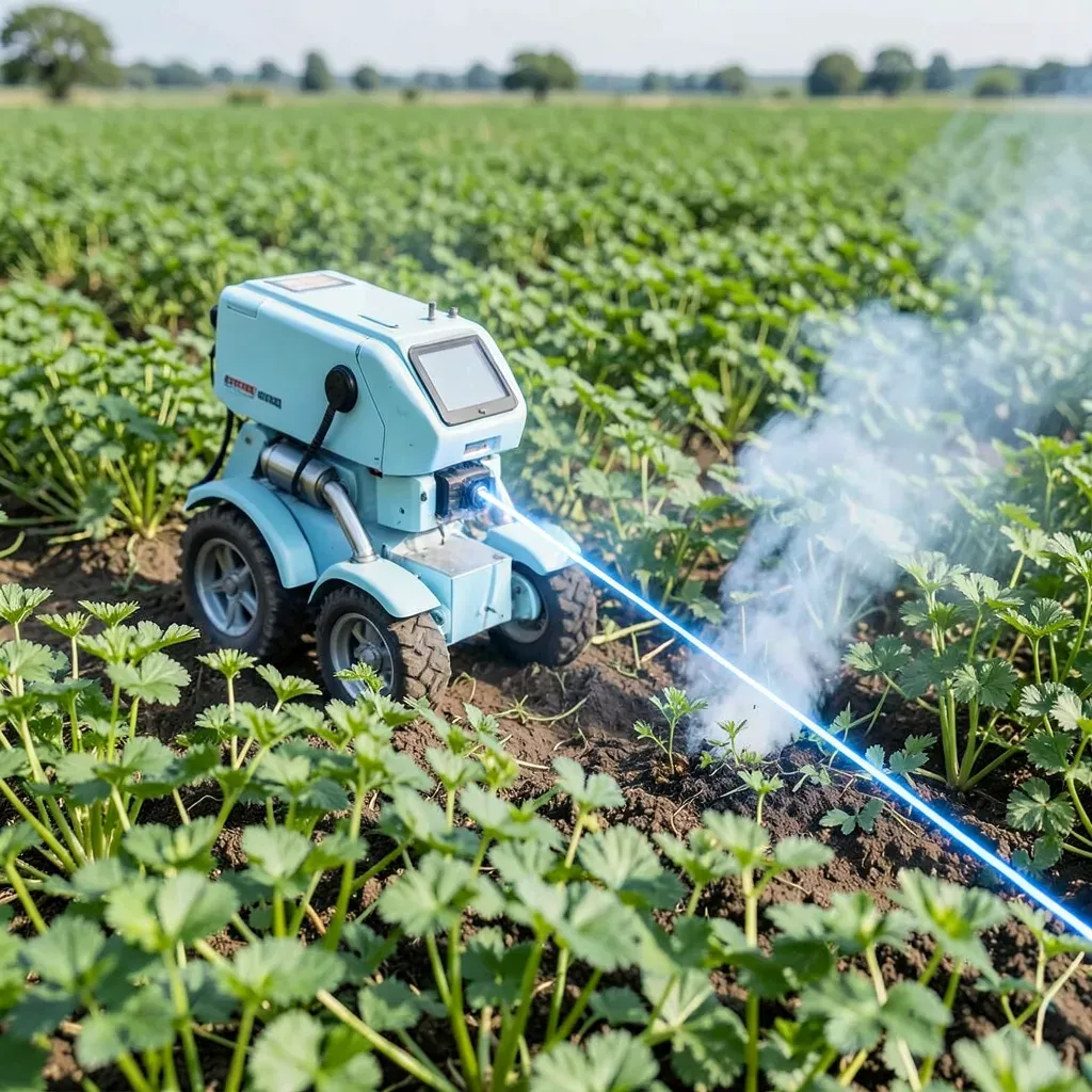 Robot agricolo autonomo Cropr Weedr di colore azzurro in un campo di cicoria, con un sottile raggio laser blu che colpisce un’infestante mentre un filo di fumo si alza dalla pianta bruciata.