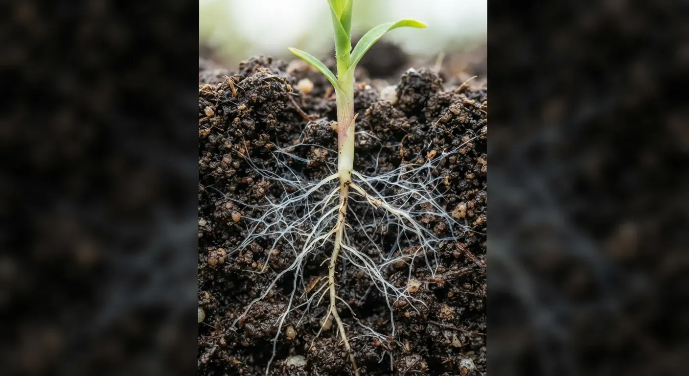 Sezione trasversale di terreno agricolo scuro con radici di una giovane piantina di mais avvolte da una fitta rete di ife fungine bianche (micorrize), simbolo della simbiosi sotterranea che nutre le colture.