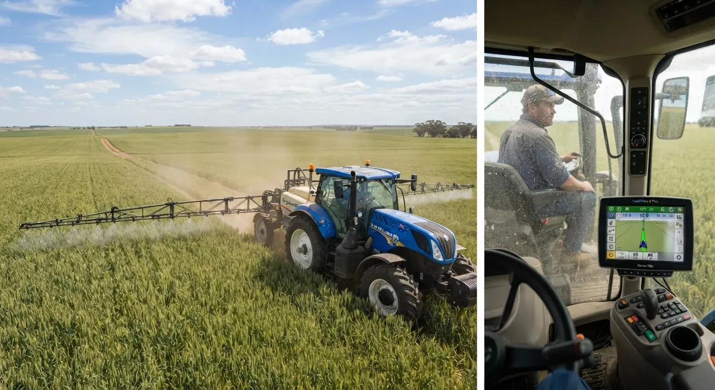 Trattore New Holland T7 con sistema di guida integrata Raven RS1 e display IntelliView 4 Plus durante operazioni di irrorazione in un campo di grano australiano.