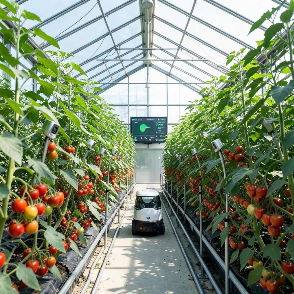 Interno di una serra intelligente a Shouguang con piante di pomodoro ciliegia, sensori metallici sugli steli, un robot di ispezione autonomo su rotaia e un pannello di controllo digitale che mostra parametri ambientali.