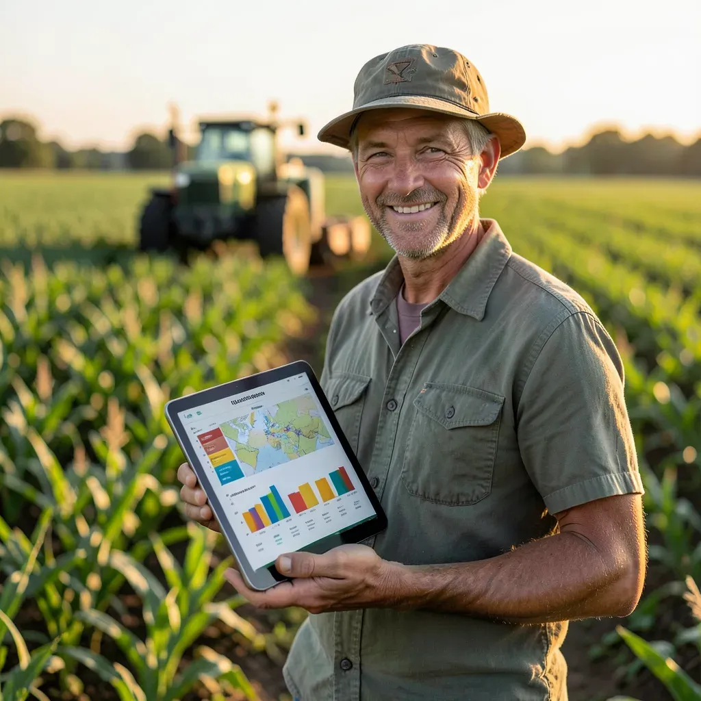 Un agricoltore in campo aperto consulta un tablet con grafici e mappe dei dati aziendali, luce dorata del tramonto, stile fotografico documentaristico.