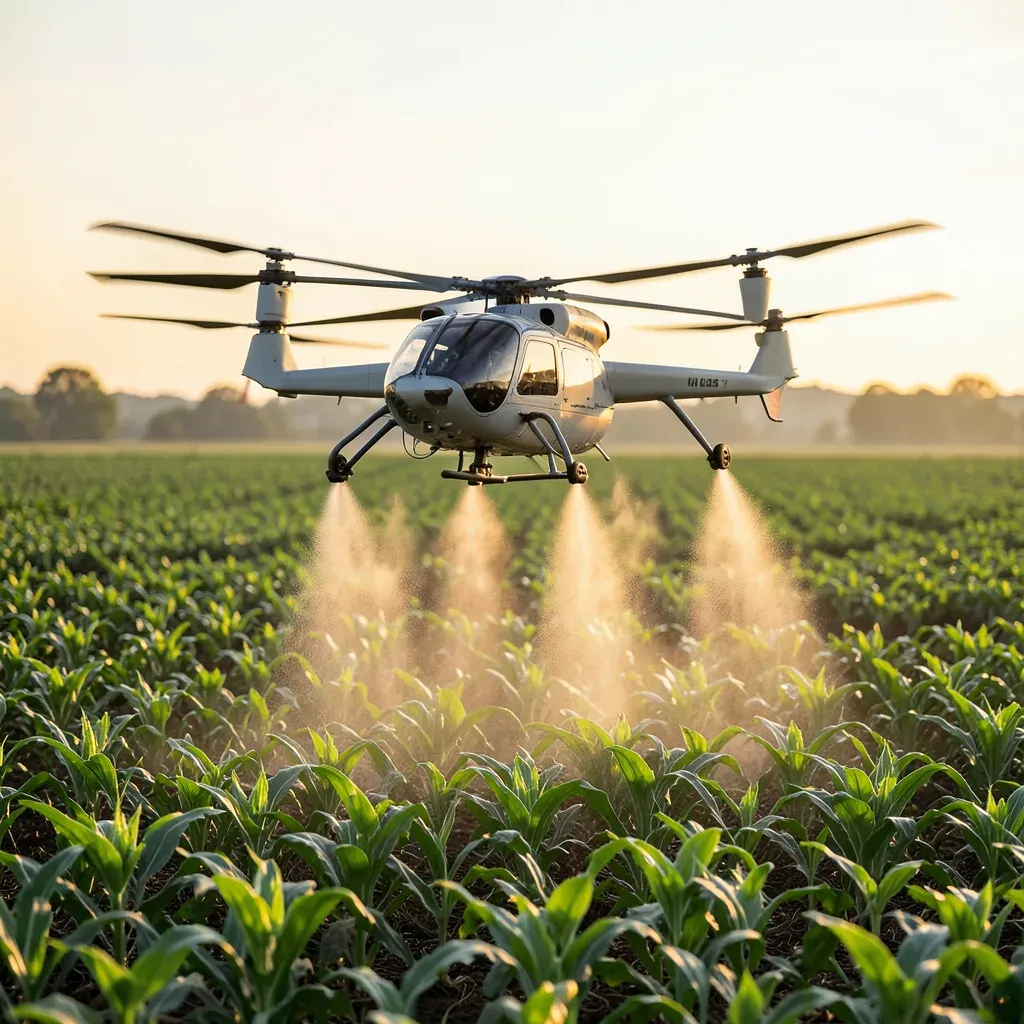 Drone irroratore agricolo di grandi dimensioni in volo su un campo coltivato, con una nebulizzazione sottile che copre la vegetazione, illuminato dalla luce dorata del mattino.