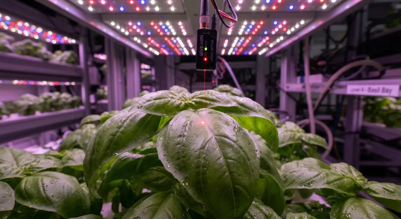 Primo piano di una foglia di basilico in una fattoria verticale, illuminata da LED specializzati mentre un sensore a fluorescenza proietta un sottile fascio di luce di misurazione sulla sua superficie.