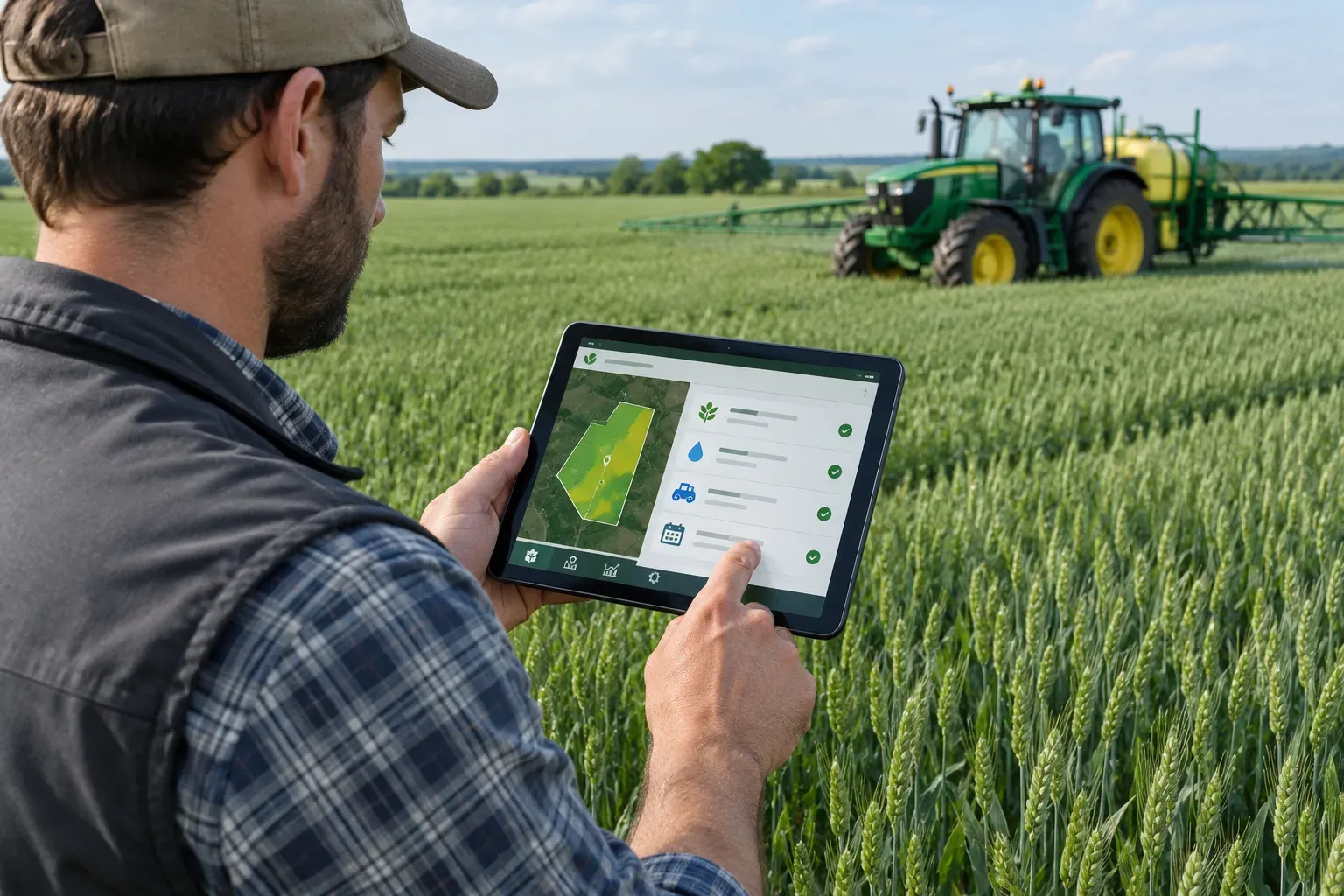 Agricoltore che registra un trattamento sul quaderno di campagna digitale da tablet in campo