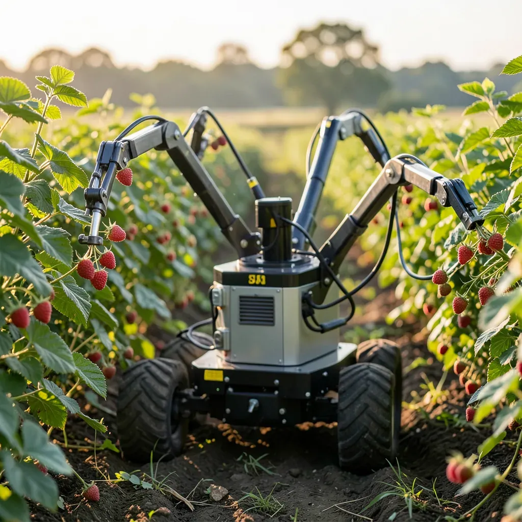 Un robot agricolo autonomo raccoglie lamponi maturi in un campo commerciale nel Regno Unito, bracci robotici articolati mentre afferrano i frutti.