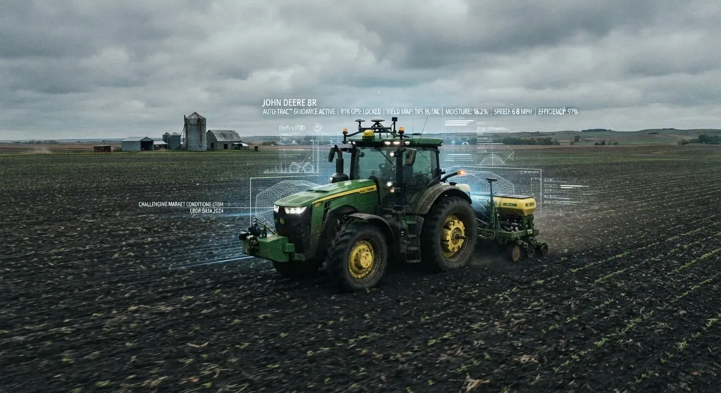 Trattore agricolo moderno ad alta tecnologia dotato di sensori GPS e sistemi digitali in un campo sotto un cielo nuvoloso, simbolo dell’agricoltura di precisione in un periodo di mercato difficile.