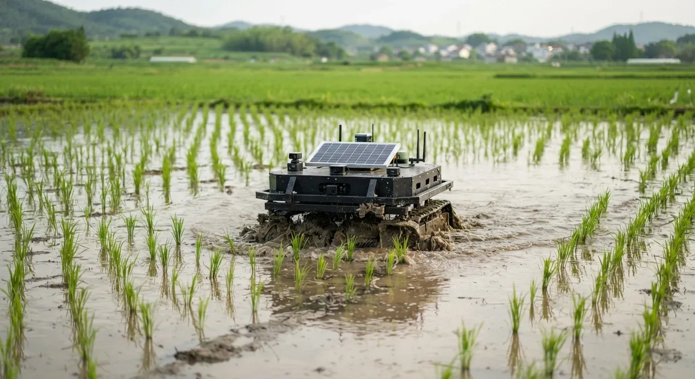 Robot agricolo nero e quadrato, alimentato a energia solare, che diserba meccanicamente una risaia inondata nella periferia di Shanghai muovendosi tra le file di giovani piantine di riso.