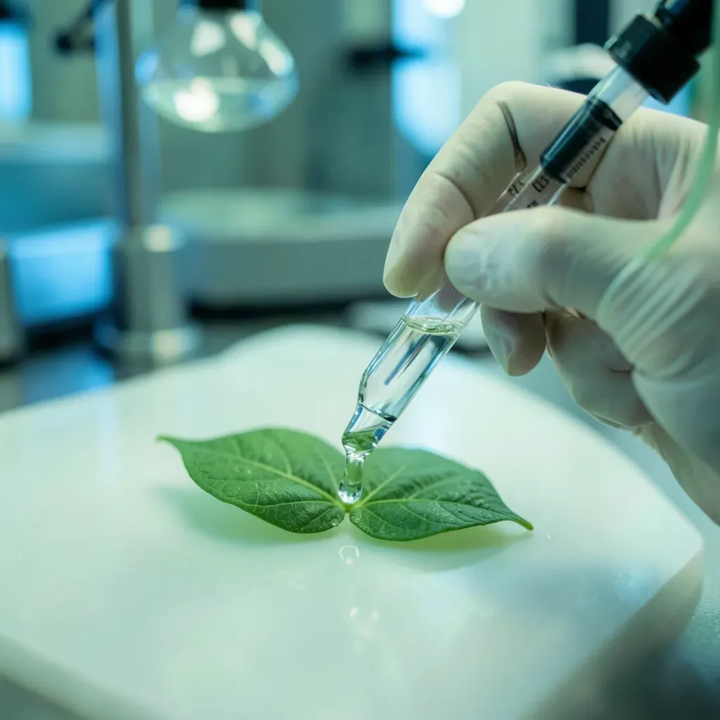 Primo piano di una mano con guanto in laboratorio che applica un peptide liquido su una foglia di soia, ricerca agricola in Brasile.