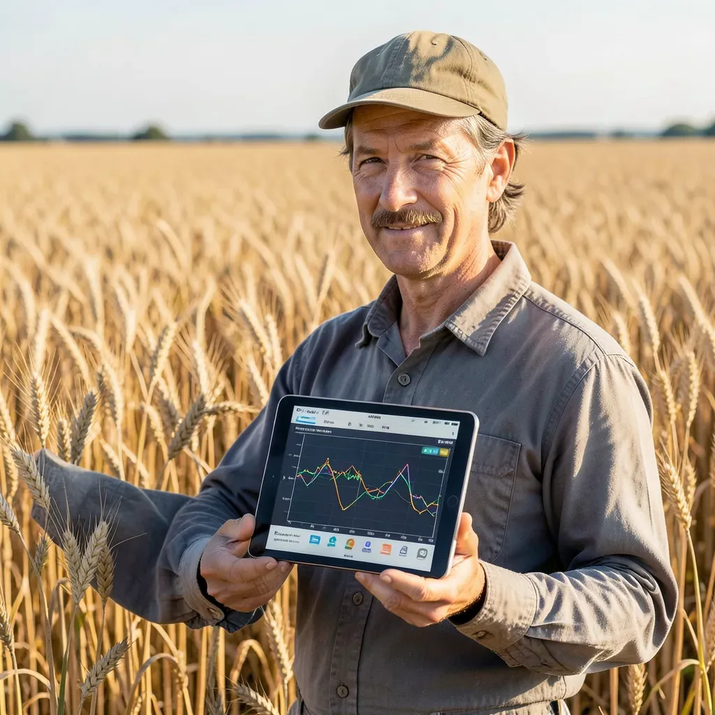 Ricercatore in un campo di grano che analizza dati genetici di grano ibrido su tablet.