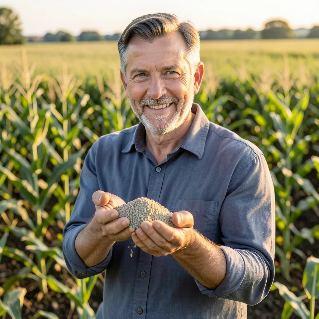 Un agricoltore europeo tiene in mano concime granulare RENURE in un campo coltivato, illuminato dalla luce naturale.
