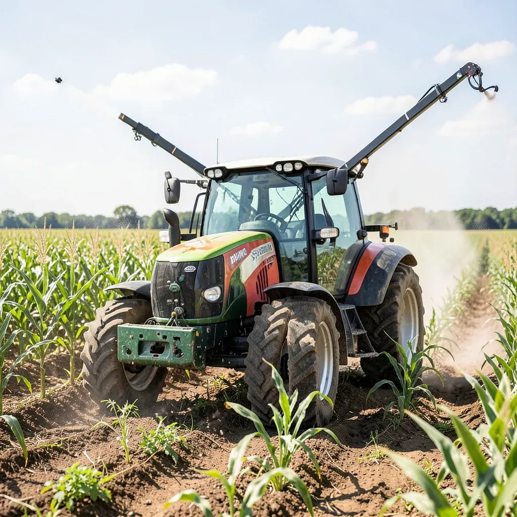 Trattore con irroratrice a spot Farm-ING SpotSprayING da 12 metri in azione in un campo di colture a filari, luce solare intensa.