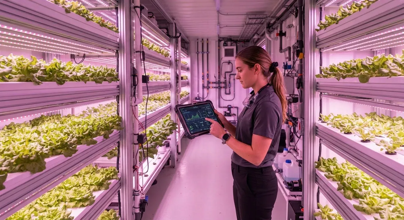Interno di un'unità di coltivazione verticale idroponica di The Growcer con file di lattuga sotto luci LED e un operatore che controlla i dati su tablet.
