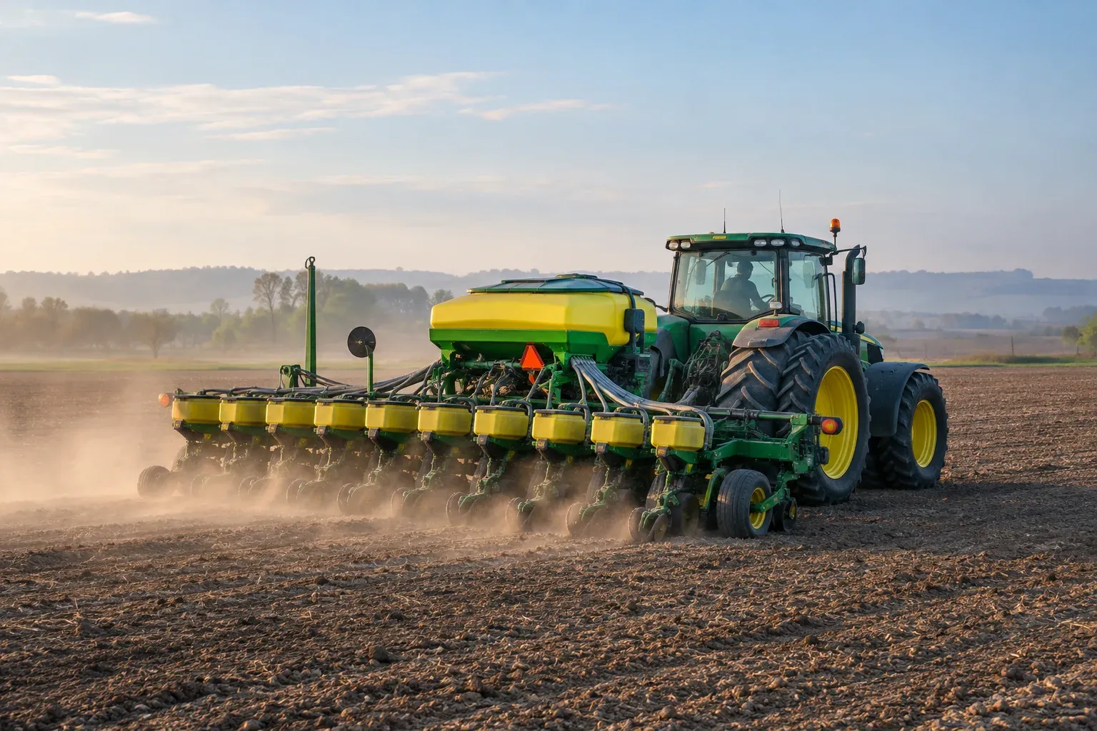Seminatrice di precisione al lavoro su terreno preparato