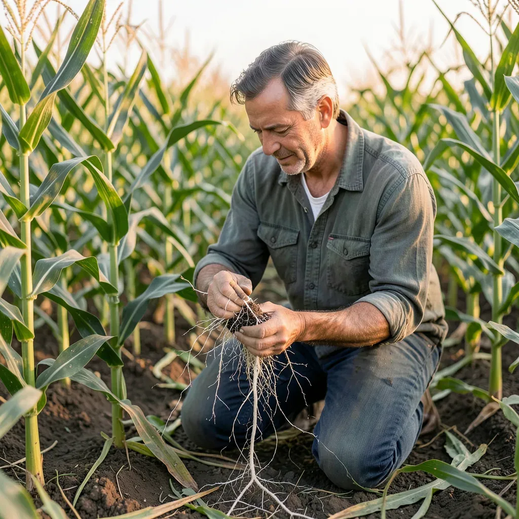 Un agricoltore inginocchiato in un campo di mais esamina radici con ife micorriziche bianche visibili, simbolo della collaborazione tra Syngenta e Groundwork BioAg per la salute del suolo.
