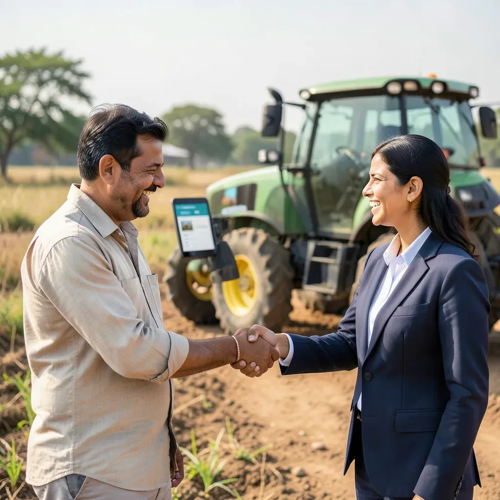 Agricoltore indiano e imprenditore si stringono la mano accanto a un trattore moderno, con un tablet che mostra un’app agricola, a simboleggiare tecnologia e inclusione finanziaria nel mondo rurale.