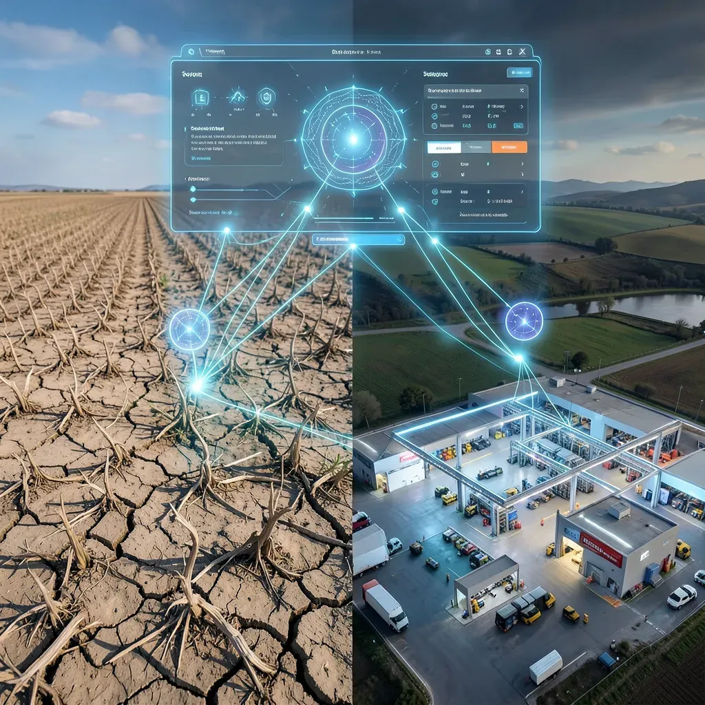 Un’agente AI che sovrasta un paesaggio agricolo diviso tra un campo sofferente per la siccità e un centro logistico, connesso da linee dati luminose.