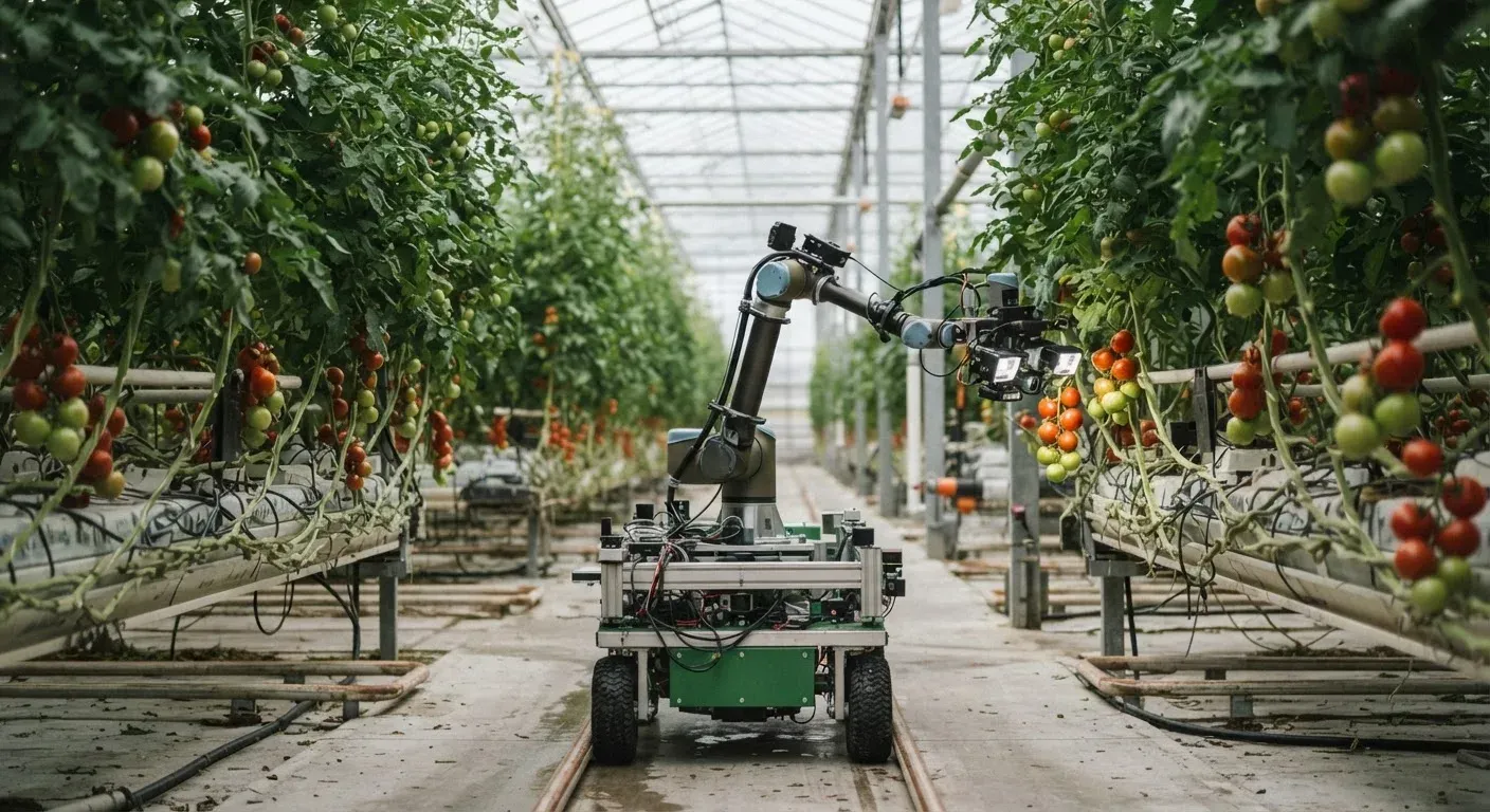 Fotografia editoriale professionale di un robot agricolo autonomo con braccio robotico che si muove tra filari di piante di pomodoro alte in una serra commerciale, sensore fotografico montato sul robot rivolto verso grappoli di pomodori rossi e verdi, luc