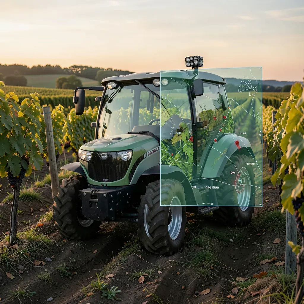 Un trattore elettrico autonomo avanza tra i filari di un vigneto francese al tramonto; un array di sensori sul tettuccio acquisisce immagini ad alta risoluzione delle viti, mentre una sovrapposizione digitale mostra una mappa di vigore georeferenziata e u