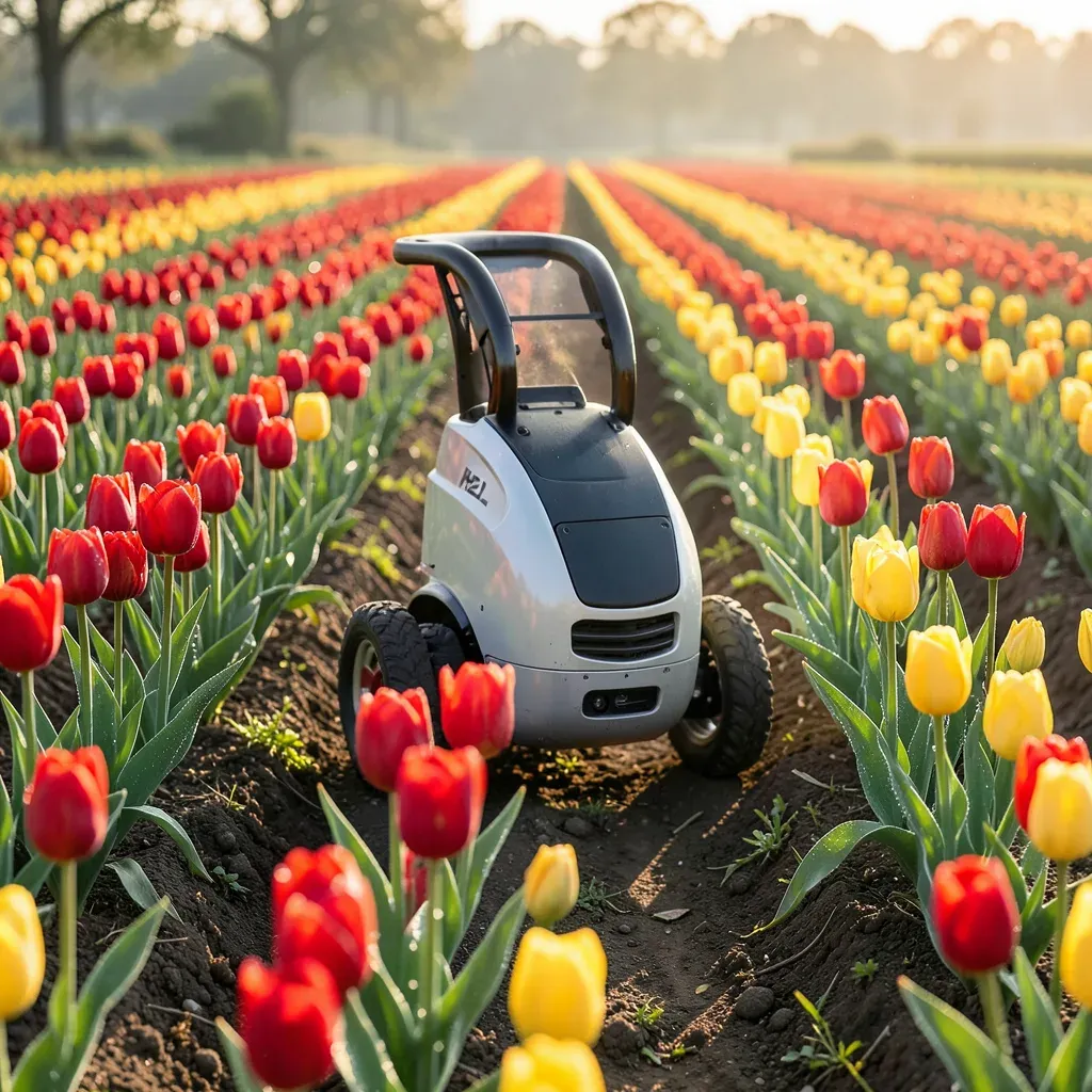 Robot H2L Selector 180 in azione tra file di tulipani rossi e gialli in un campo olandese, luce del mattino.