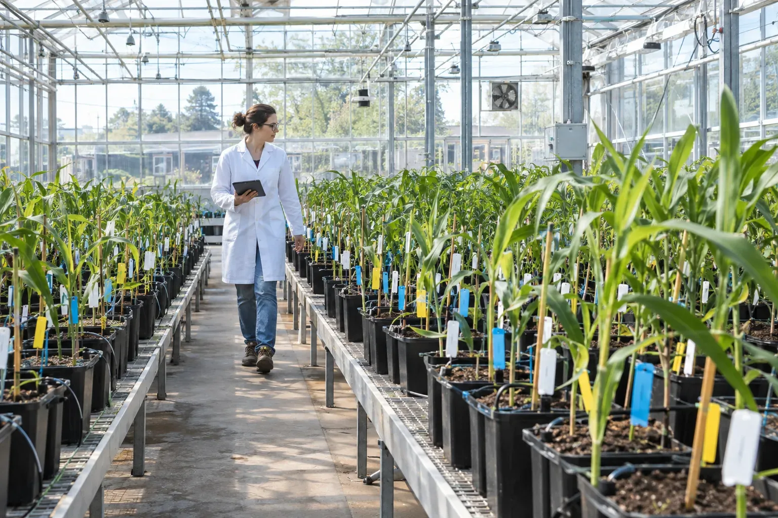 Serra di breeding con piante sperimentali etichettate