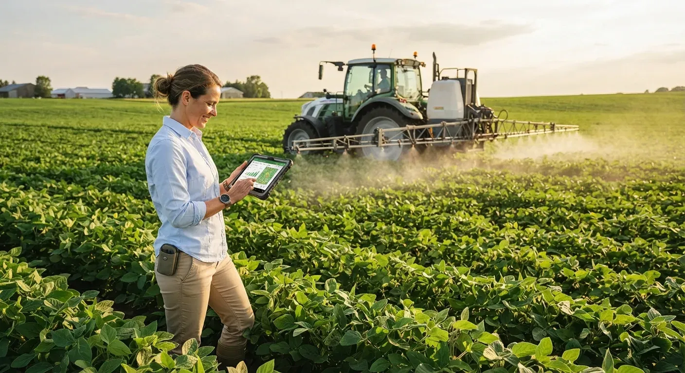 Primo piano di un agronomo con tablet mentre un trattore irroratore distribuisce un trattamento erbicida su un campo di soia, simbolo dell’innovazione nella protezione delle colture.