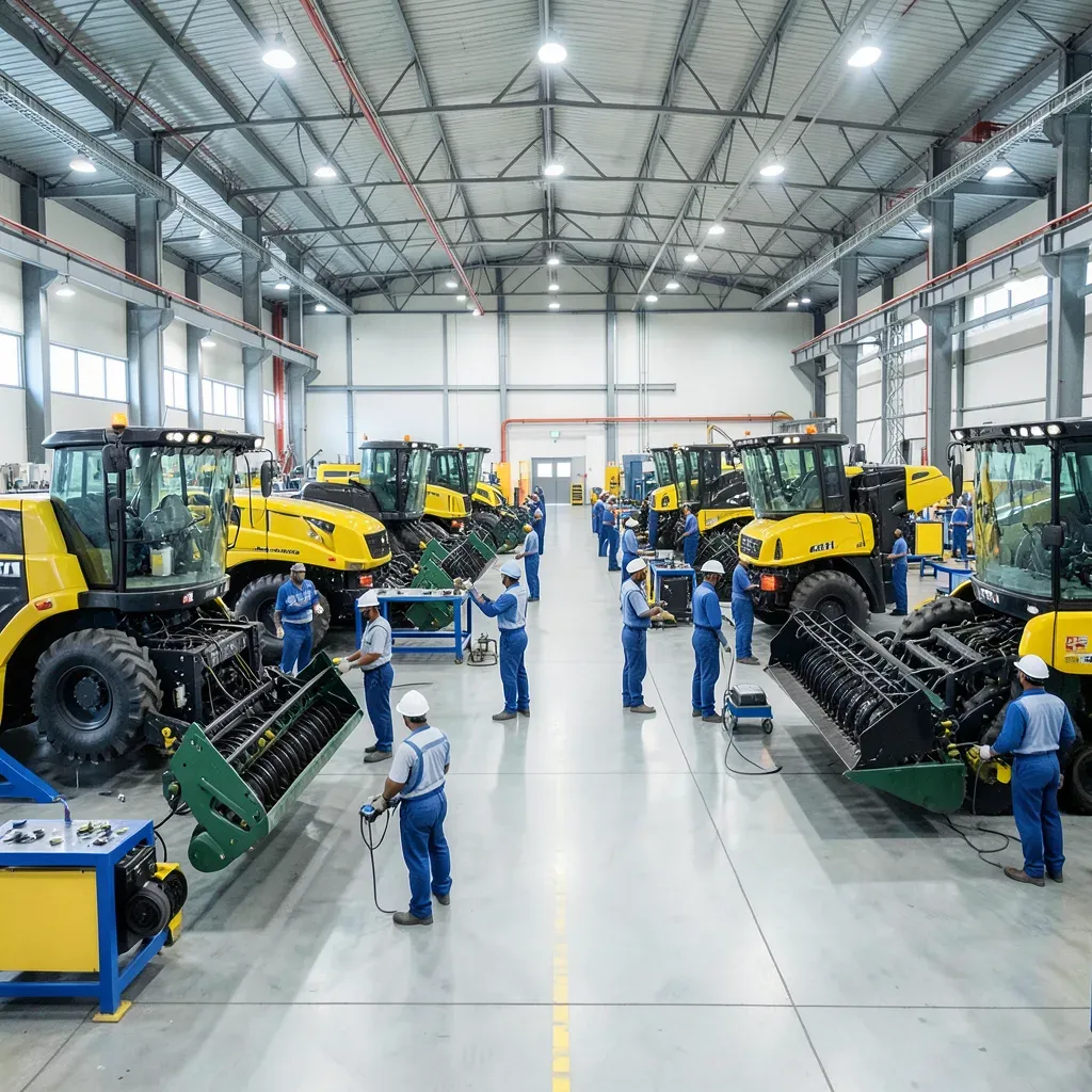 Linea di assemblaggio di mietitrebbiatrici e raccoglitrici per canna da zucchero nello stabilimento CNH di Pune, India, con operai e sistemi automatizzati.