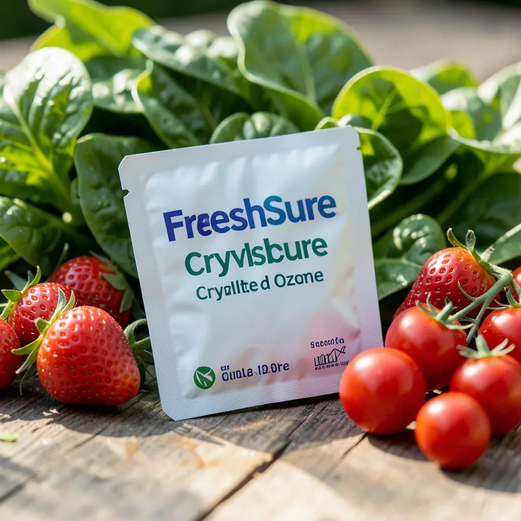 Un sachet di FreshSure, tecnologia all’ozono solido di Onza Corp, tra verdure fresche e fragole, simbolo di sicurezza alimentare