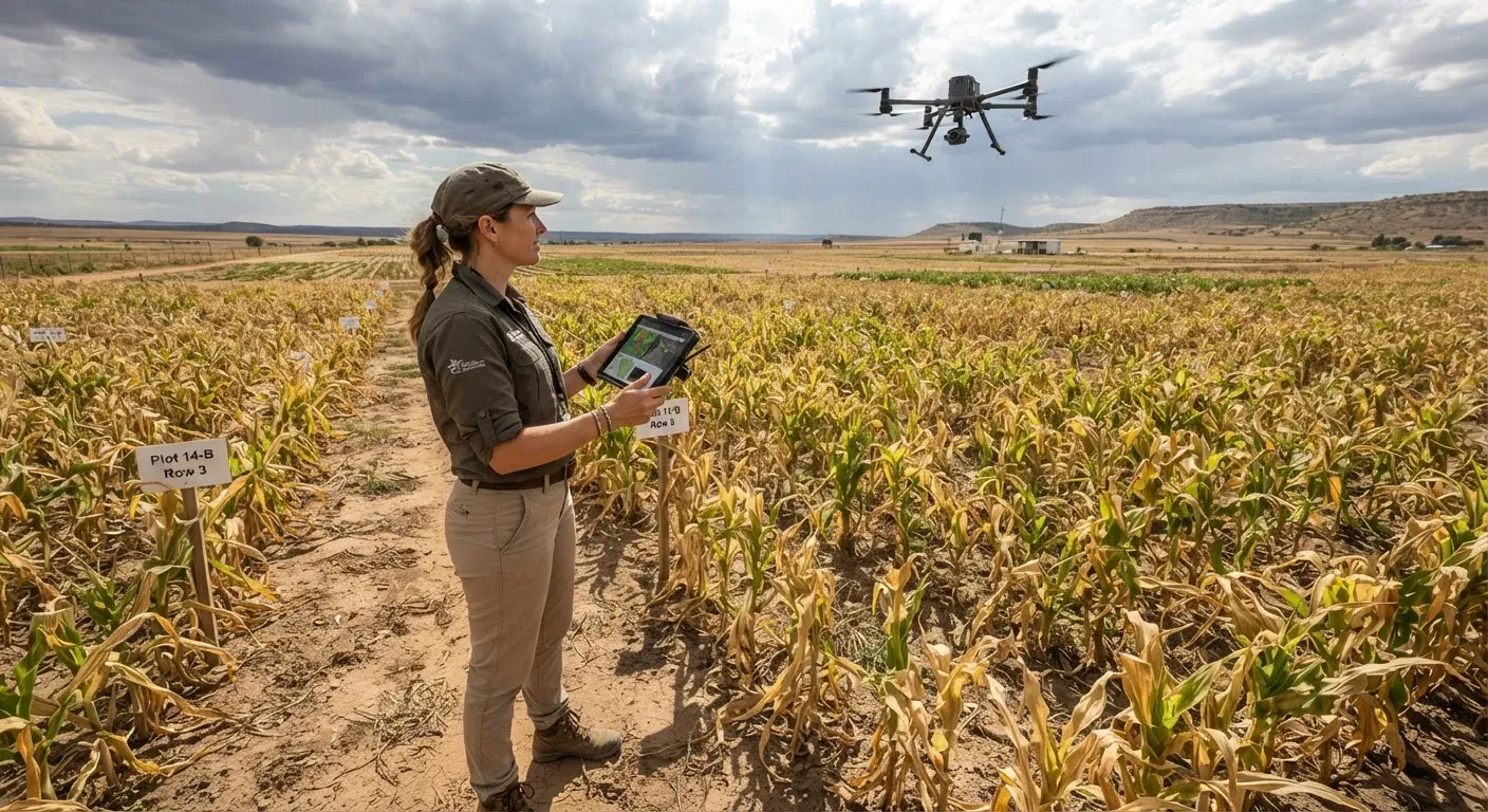 Ricercatore agricolo in un campo sperimentale di mais, tablet in mano, drone dotato di telecamera multispettrale sorvola le parcelle di colture, alcune visibilmente sofferenti per la siccità, sullo sfondo una terra arida e un cielo drammatico.