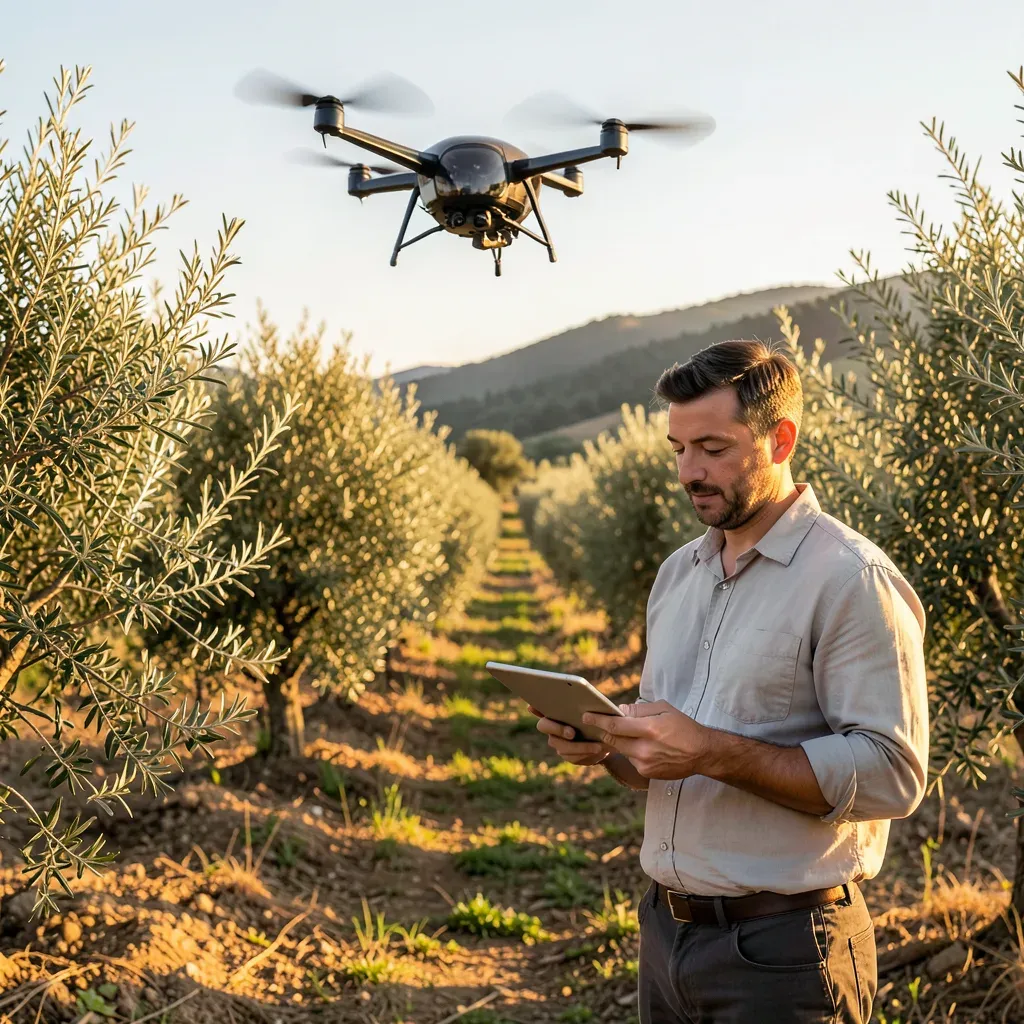 Agricoltore con tablet in un uliveto del Sud Italia, drone in volo sullo sfondo, esempio di agricoltura di precisione 4.0.