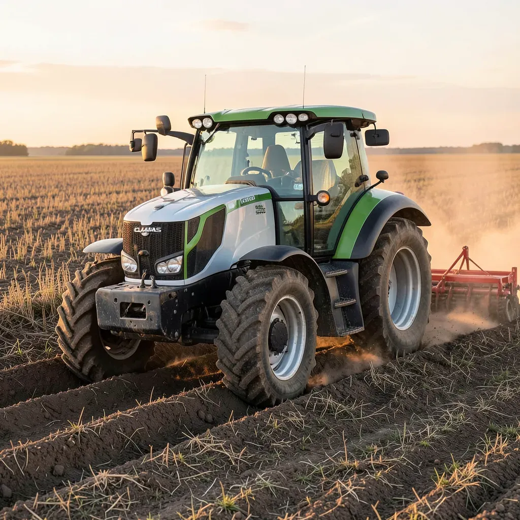 Trattore agricolo di grandi dimensioni CLAAS AXION 8 CMATIC in un campo al tramonto, visto di tre quarti anteriori, mentre traina un attrezzo per la lavorazione del terreno in una scena di agricoltura di precisione.