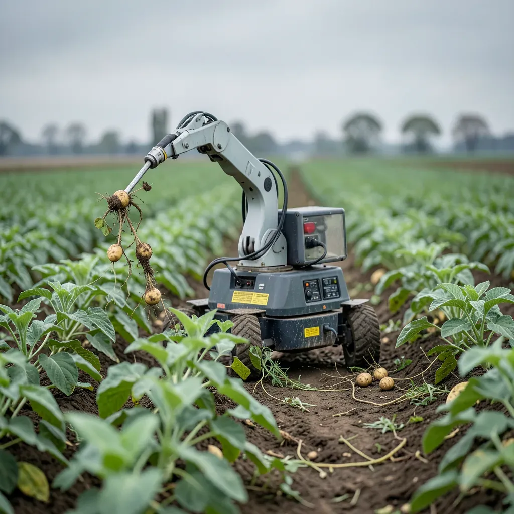 Robot agricolo in un campo di patate da seme nei Paesi Bassi che ispeziona e rimuove singole piante con un braccio robotizzato