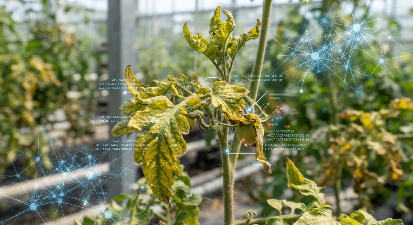 Pianta di pomodoro con sintomi di arricciamento fogliare e ingiallimento da TYLCV, sovrapposizione digitale di rete neurale e sequenze genomiche.