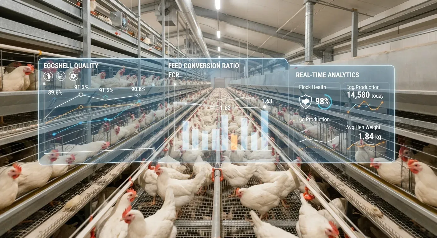 Interno di un moderno allevamento di galline ovaiole con sovrapposizione digitale di dashboard analitiche che mostrano parametri di qualità del guscio, conversione alimentare e monitoraggio in tempo reale