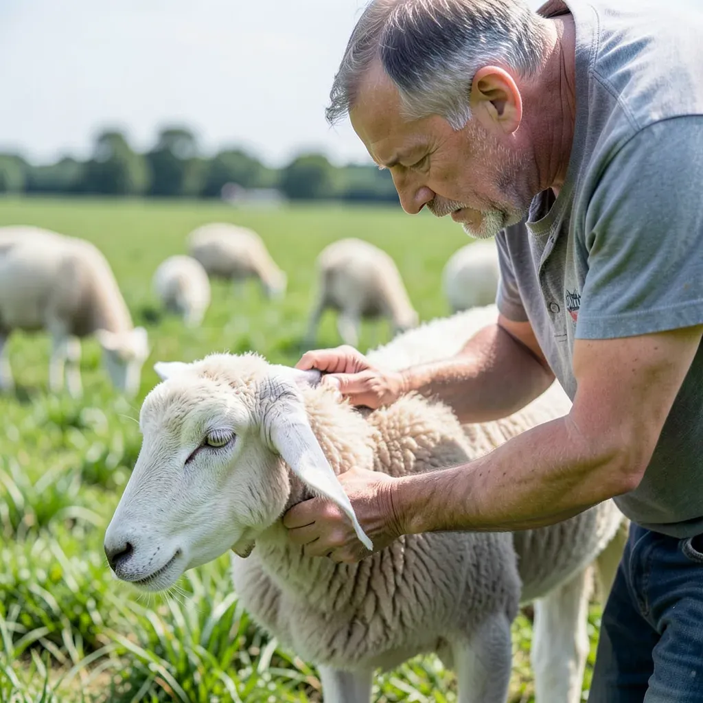 Allevatore che esamina la mammella di una pecora in un pascolo, con altre pecore sullo sfondo, fotografia agricola editoriale
