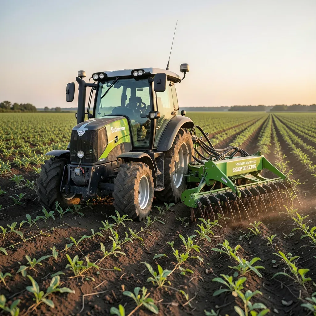 Un trattore autonomo Sabanto traina un'applicatore SharpShooter di Verdant Robotics in un campo agricolo all'alba. Nessun operatore in cabina, sensori e antenna GNSS visibili. Gli ugelli dell'implemento colpiscono singole erbacce tra le file di colture.