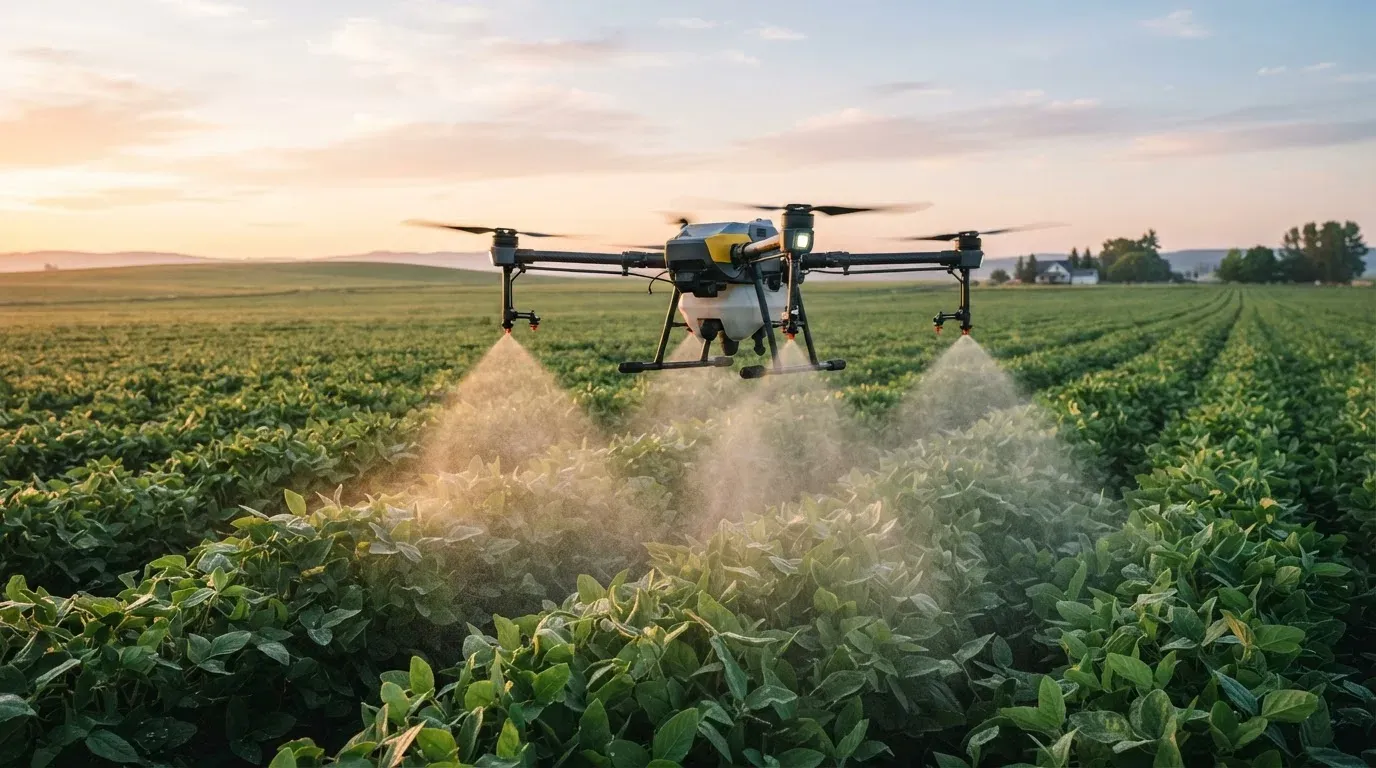 Un drone agricolo irroratore in volo su un campo coltivato all’alba, con la nebulizzazione sulle colture; immagine per un articolo sul possibile blocco normativo della FCC negli Stati Uniti.
